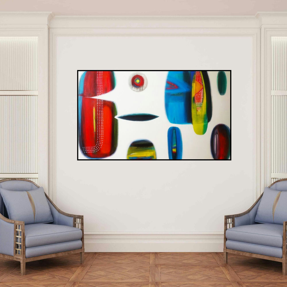 'Untitled 4 (Abstract Shapes and Colors)' painting by Yashwant Pawar shown on a wall in a furnished room.