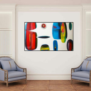 'Untitled 4 (Abstract Shapes and Colors)' painting by Yashwant Pawar shown on a wall in a furnished room.
