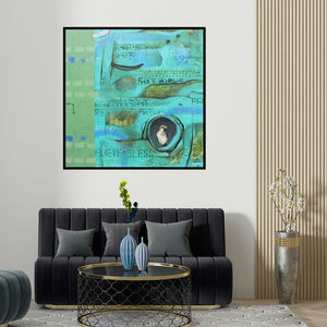 Gopal Roy's 'Untitled 4 (Bird in a Box)' painting visualized above a sofa in a contemporary room.