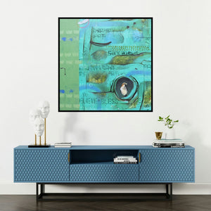 'Untitled 4 (Bird in a Box)' painting by Gopal Roy shown on a wall in a furnished room.