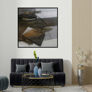 Shilpa Patole's 'Untitled 4 (The Scholar's Desk)' painting visualized above a sofa in a contemporary room.