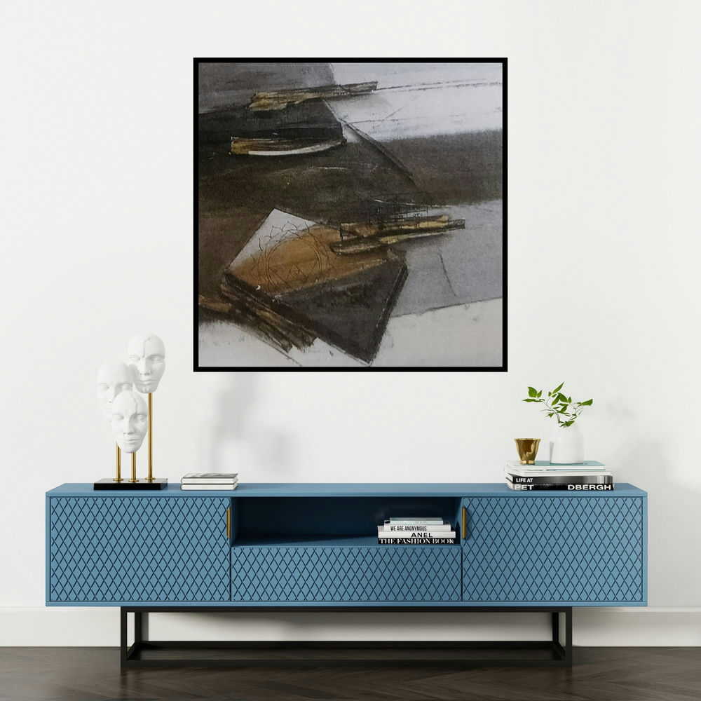 'Untitled 4 (The Scholar's Desk)' painting by Shilpa Patole shown on a wall in a furnished room.