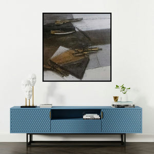 'Untitled 4 (The Scholar's Desk)' painting by Shilpa Patole shown on a wall in a furnished room.