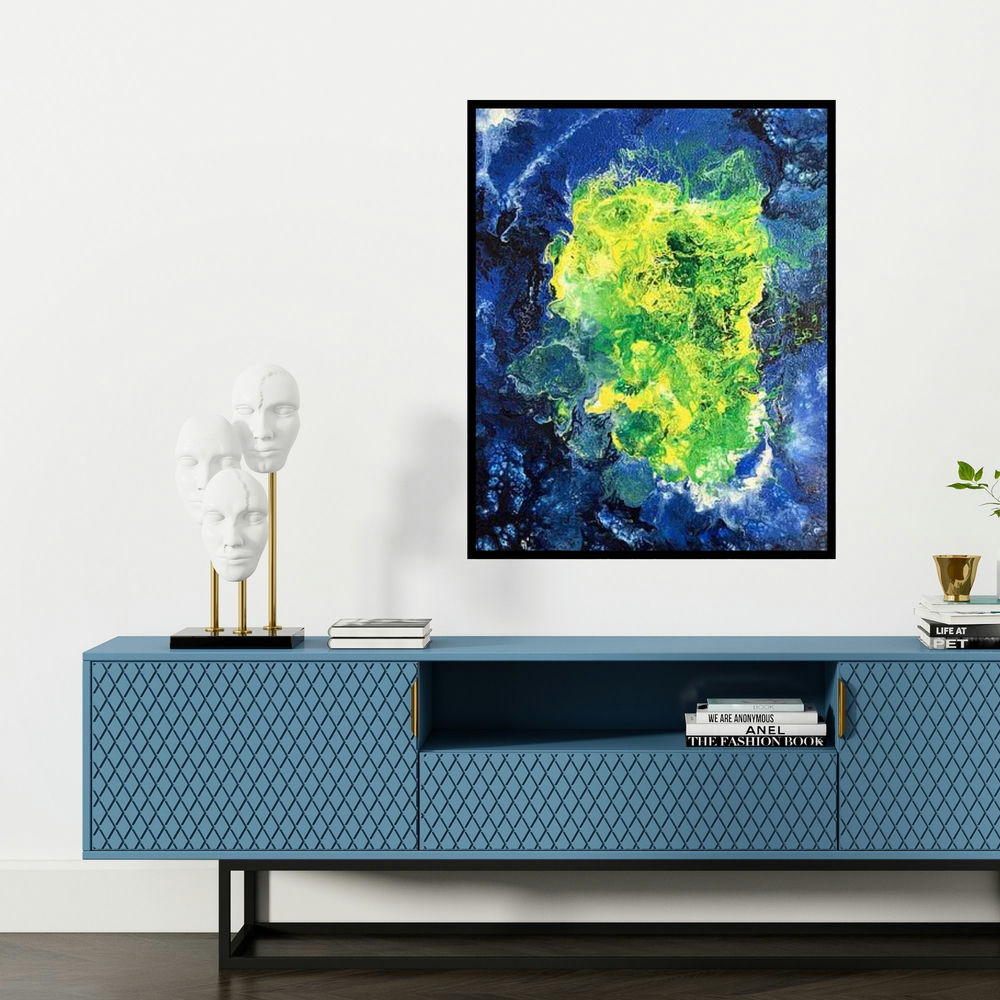 'Untitled 4' painting by Kartikey Sharma shown on a wall in a furnished room.