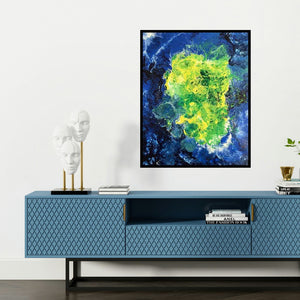 'Untitled 4' painting by Kartikey Sharma shown on a wall in a furnished room.