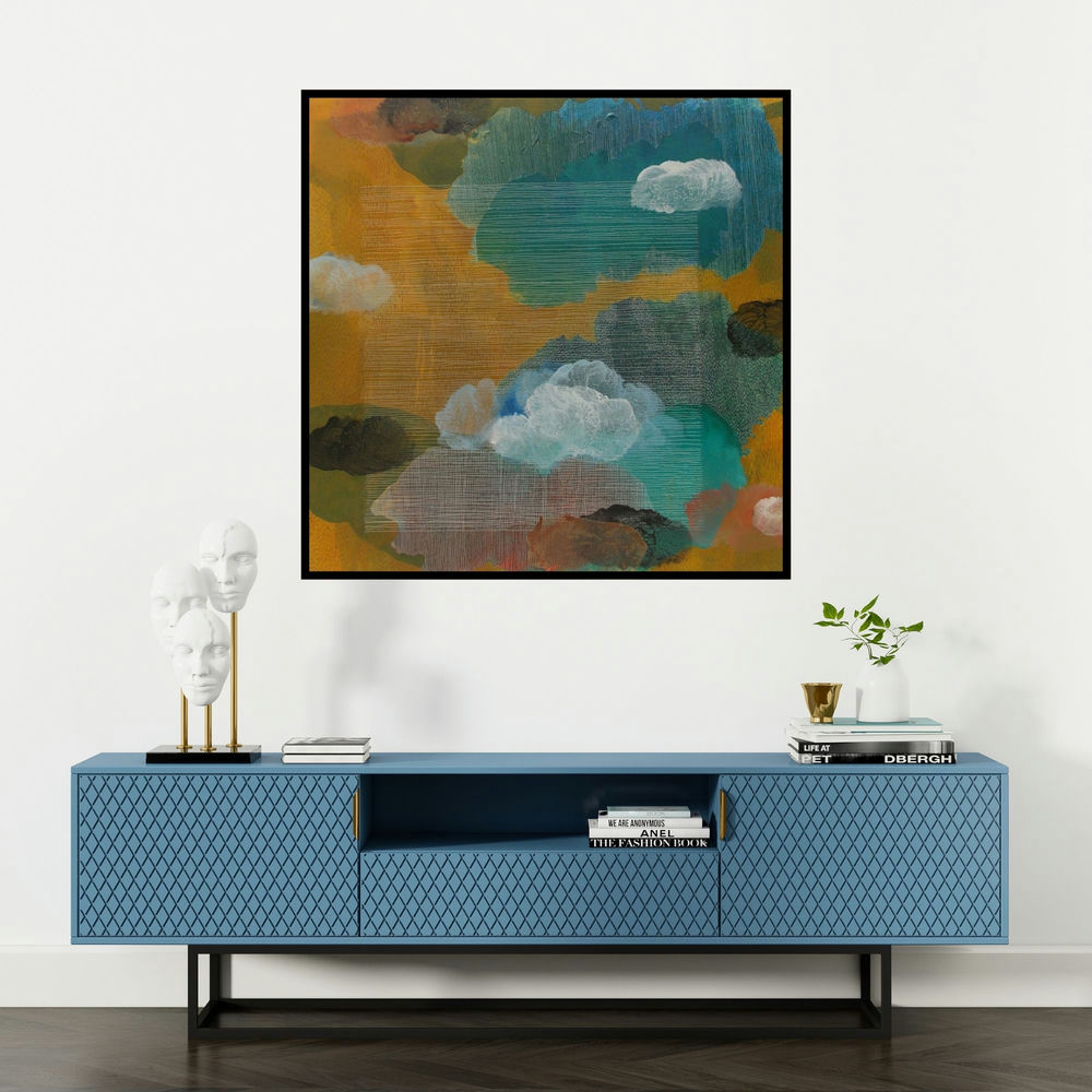 'Untitled 4 (Skyward)' painting by Mohd Majeed Mansoori shown on a wall in a furnished room.