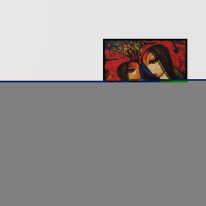 Preview of 'Untitled 4 (A Shared Moment)' Painting by Ramesh Gujar shown on a wall in a furnished room.