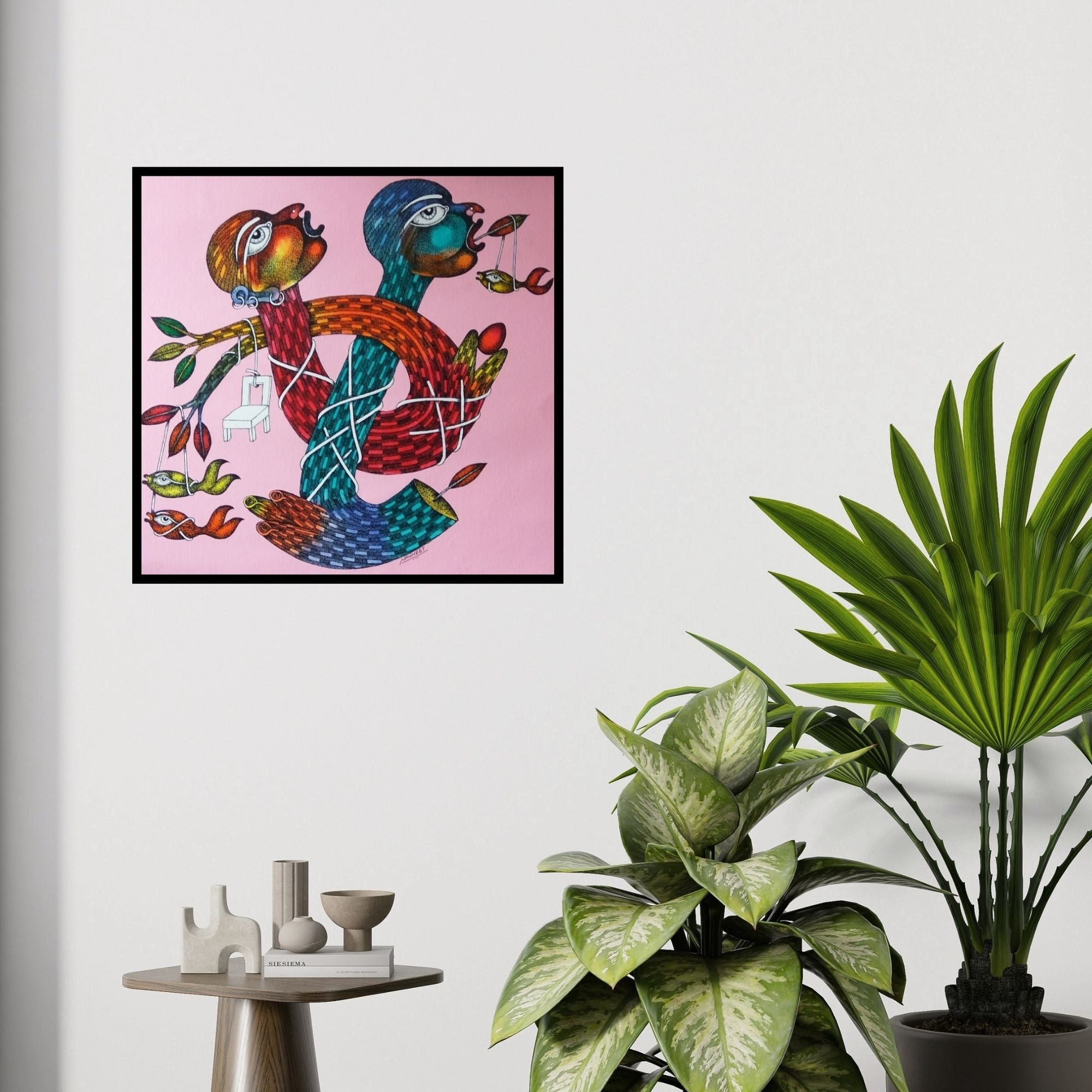 In-situ view of Navneet Rathod's 'Untitled 4 (Intertwined Figures and Fish)' painting in a room