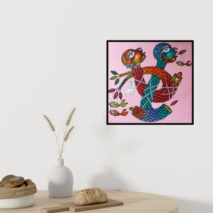 Preview of 'Untitled 4 (Intertwined Figures and Fish)' Painting by Navneet Rathod shown on a wall in a furnished room.