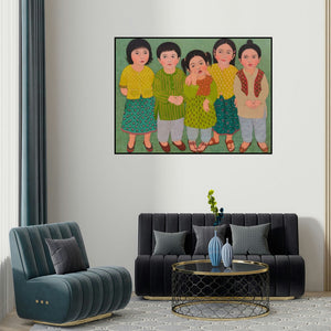 'Untitled 4 (A Portrait of Meena Laishram)' painting by Meena Laishram shown on a wall in a furnished room.