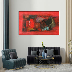 Somanth Adamane's 'Untitled 4 (Crimson Currents)' painting visualized above a sofa in a contemporary room.