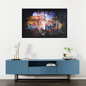 Preview of 'Untitled 4 (Celestial Metropolis)' Painting by Dnyaneshwar Dhavale shown on a wall in a furnished room.