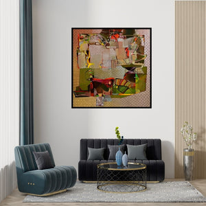 Preview of 'Untitled 4 (Urban Rhapsody)' Painting by Bhaurao Bodade shown on a wall in a furnished room.
