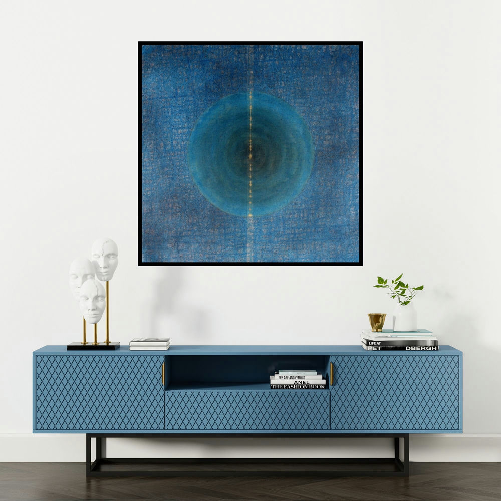 'Untitled 4 (Cosmic Meditation)' painting by Pradeep Ahirwar shown on a wall in a furnished room.