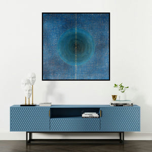 'Untitled 4 (Cosmic Meditation)' painting by Pradeep Ahirwar shown on a wall in a furnished room.