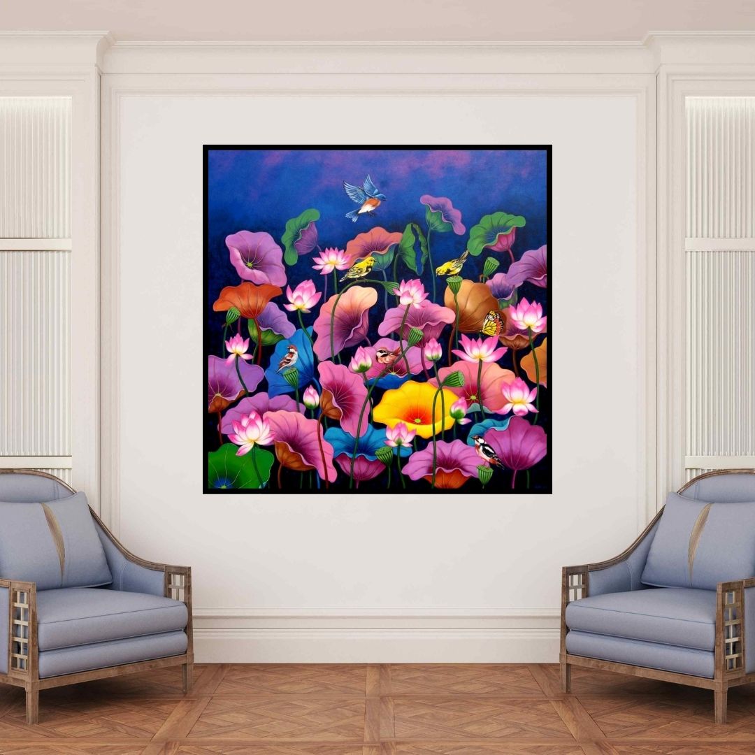 In-situ view of Nur Ali's 'Untitled 4 (Serene Lotus Pond)' painting in a room