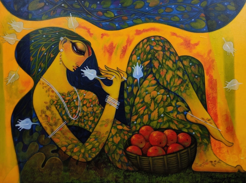 Untitled 4' figurative acrylic painting by artist Ramesh Gujar, 36x48 inch, on canvas