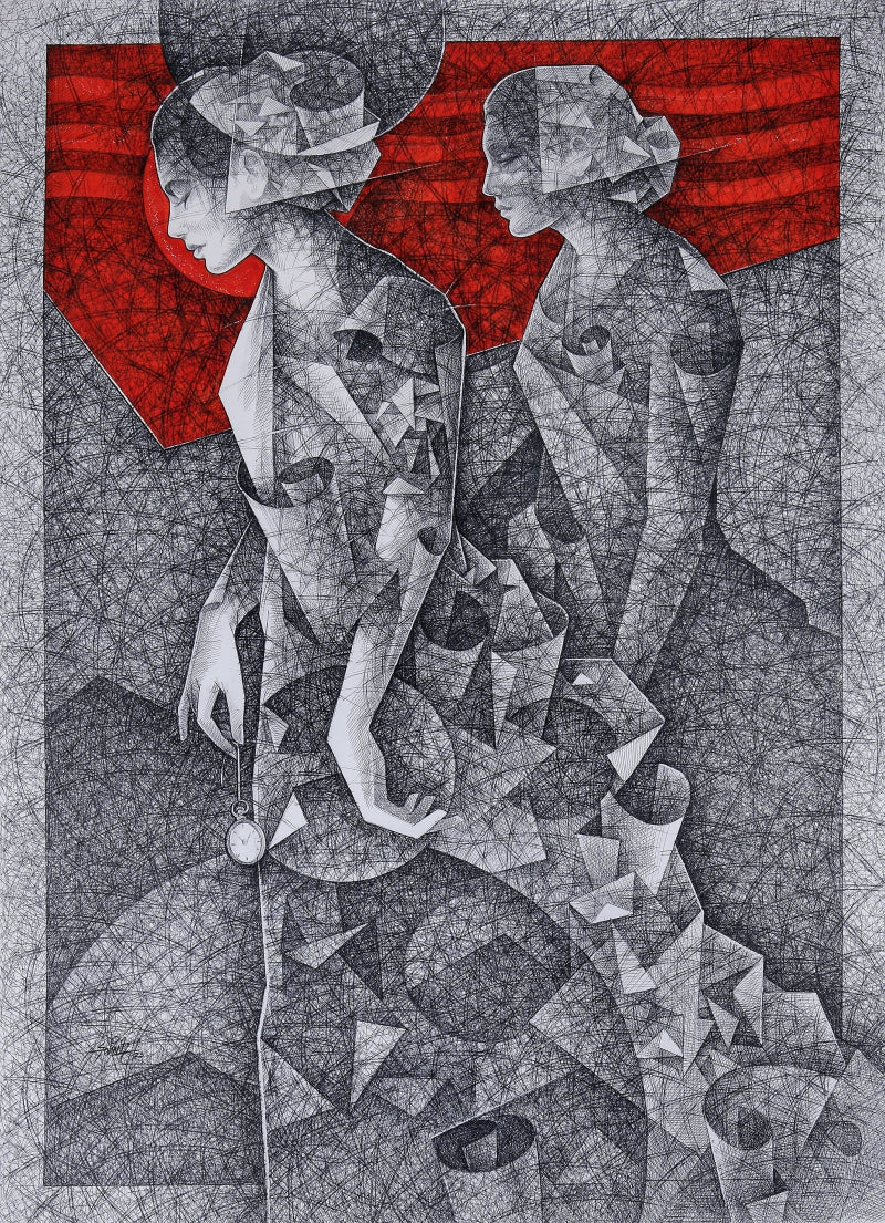 Untitled 4' figurative mixed-media painting by artist Ajay Kumar Samir, 60x41 inch, on paper