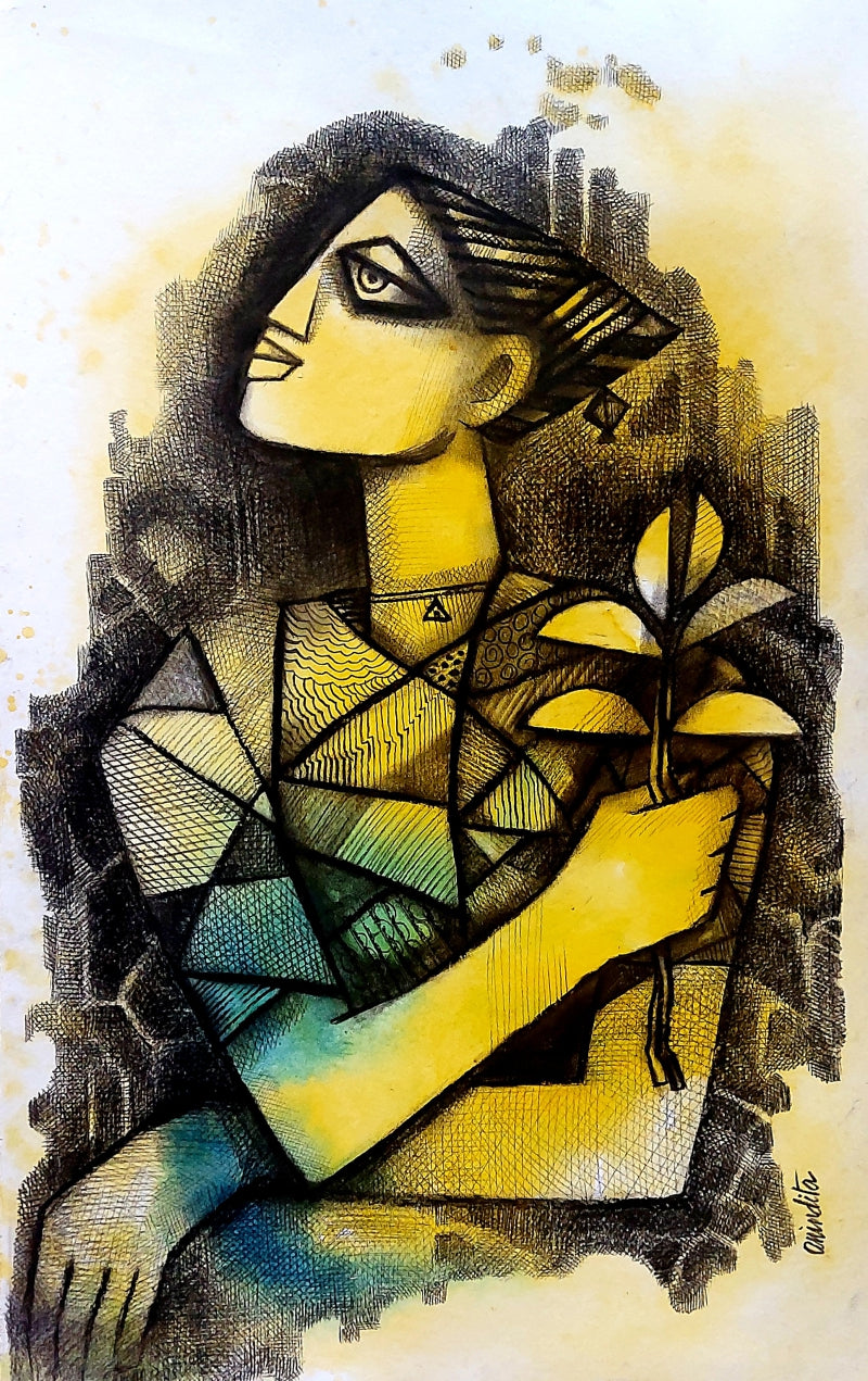 'Untitled 4' figurative mixed-media painting by artist Anindita Singh, 28x22 inch, on paper