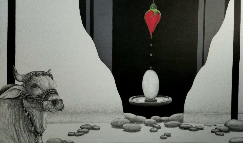 Untitled 4' religious pen-ink drawing by artist Dhananjay Thakur, 36x60 inch, on canvas