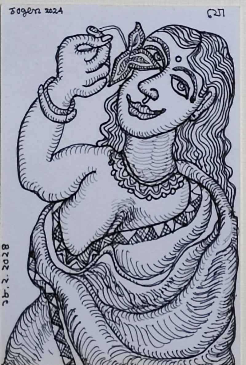 'Untitled 4' figurative pen-ink drawing by artist Jogen Chowdhury, 6x4 inch, on paper