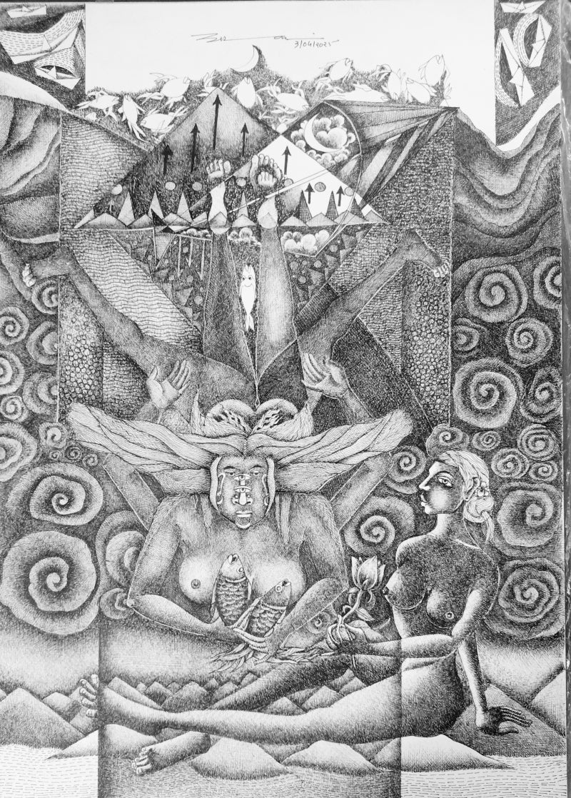 'Untitled 4' contemporary pen-ink drawing by artist Vinay Amber, 17x12 inch, on paper