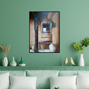 Preview of 'Untitled 4 (Courtyard Harmony)' Painting by Rajashree Sutar shown on a wall in a furnished room.