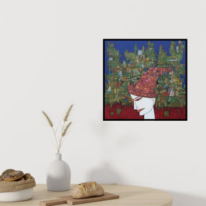 Preview of 'Untitled 4 (Urban Headgear)' Painting by Biswajit Mondal shown on a wall in a furnished room.