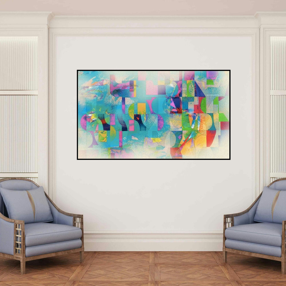 'Untitled 4 (Abstract Alphabet)' painting by Sunil Balkawade shown on a wall in a furnished room.