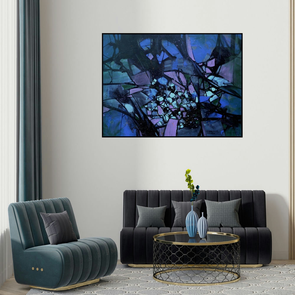 'Untitled 4 (Nocturnal Bloom)' painting by Sagar Bondre shown on a wall in a furnished room.