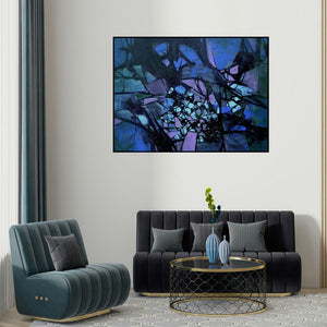 'Untitled 4 (Nocturnal Bloom)' painting by Sagar Bondre shown on a wall in a furnished room.