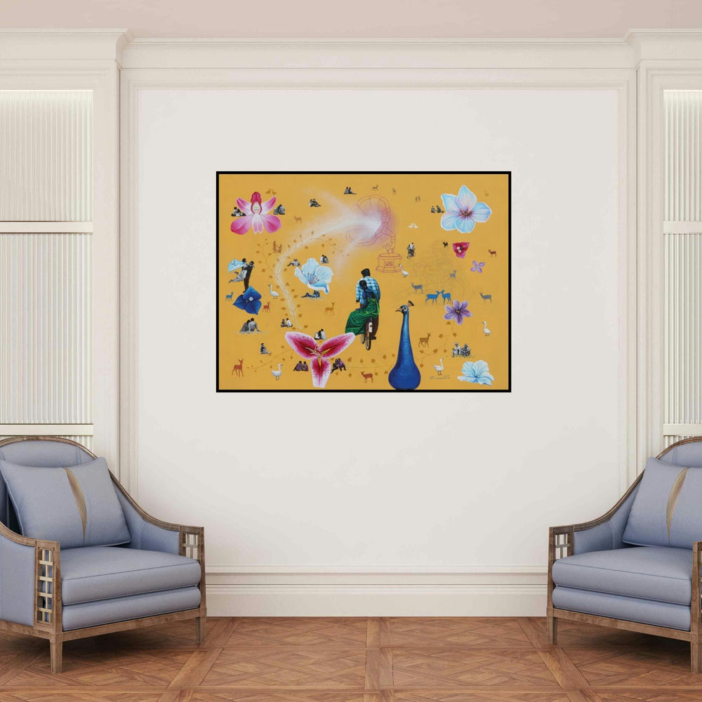 'Untitled 4 (Melody of India)' painting by Rawindra Das shown on a wall in a furnished room.