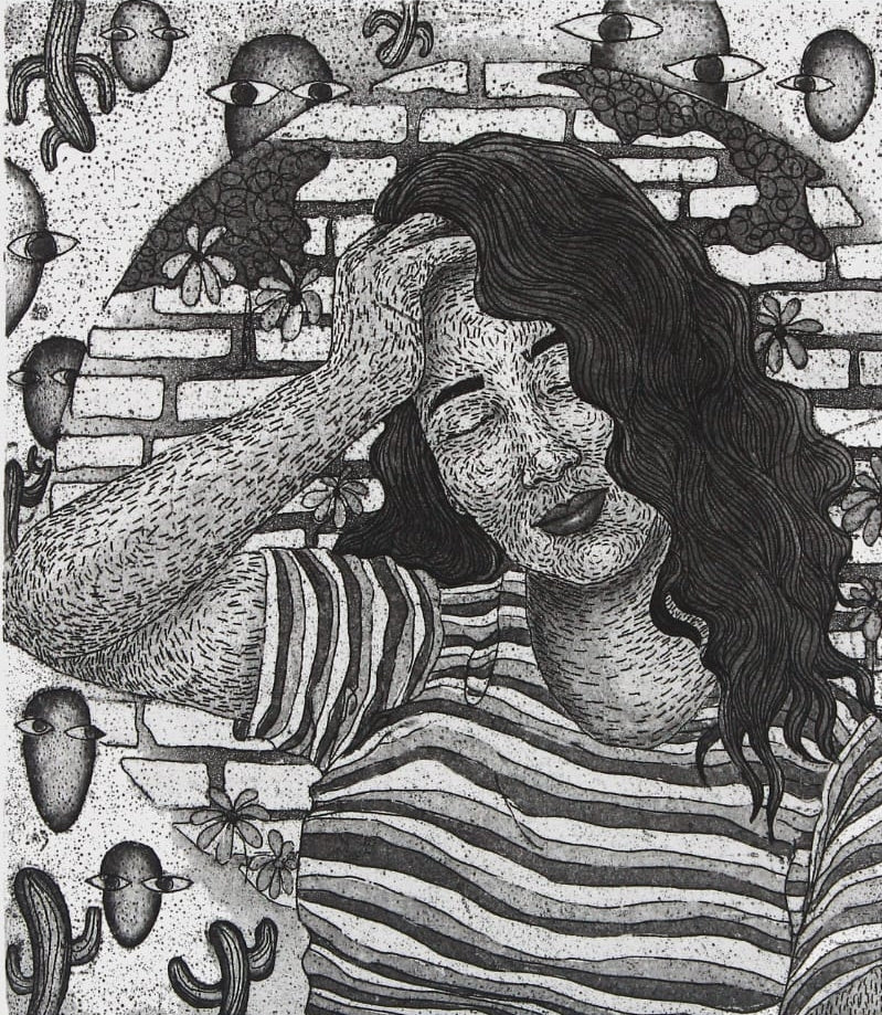 Untitled 4' figurative etching printmaking by artist Ranju Kumari, 7x5 inch, on paper