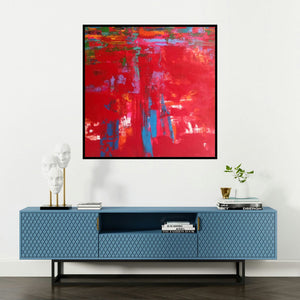 'Untitled 4 (Crimson Tide)' painting by Ranadip Mukherjee shown on a wall in a furnished room.