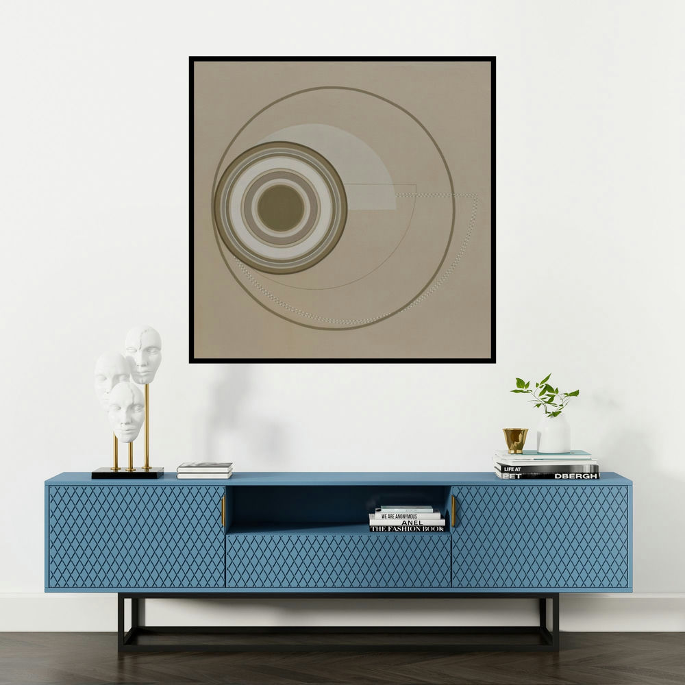 'Untitled 4 (Cosmic Eye)' painting by Dhruti Mahajan shown on a wall in a furnished room.
