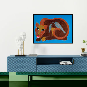 Preview of 'Untitled 4 (A Curious Encounter)' Painting by Venkat Shyam shown on a wall in a furnished room.