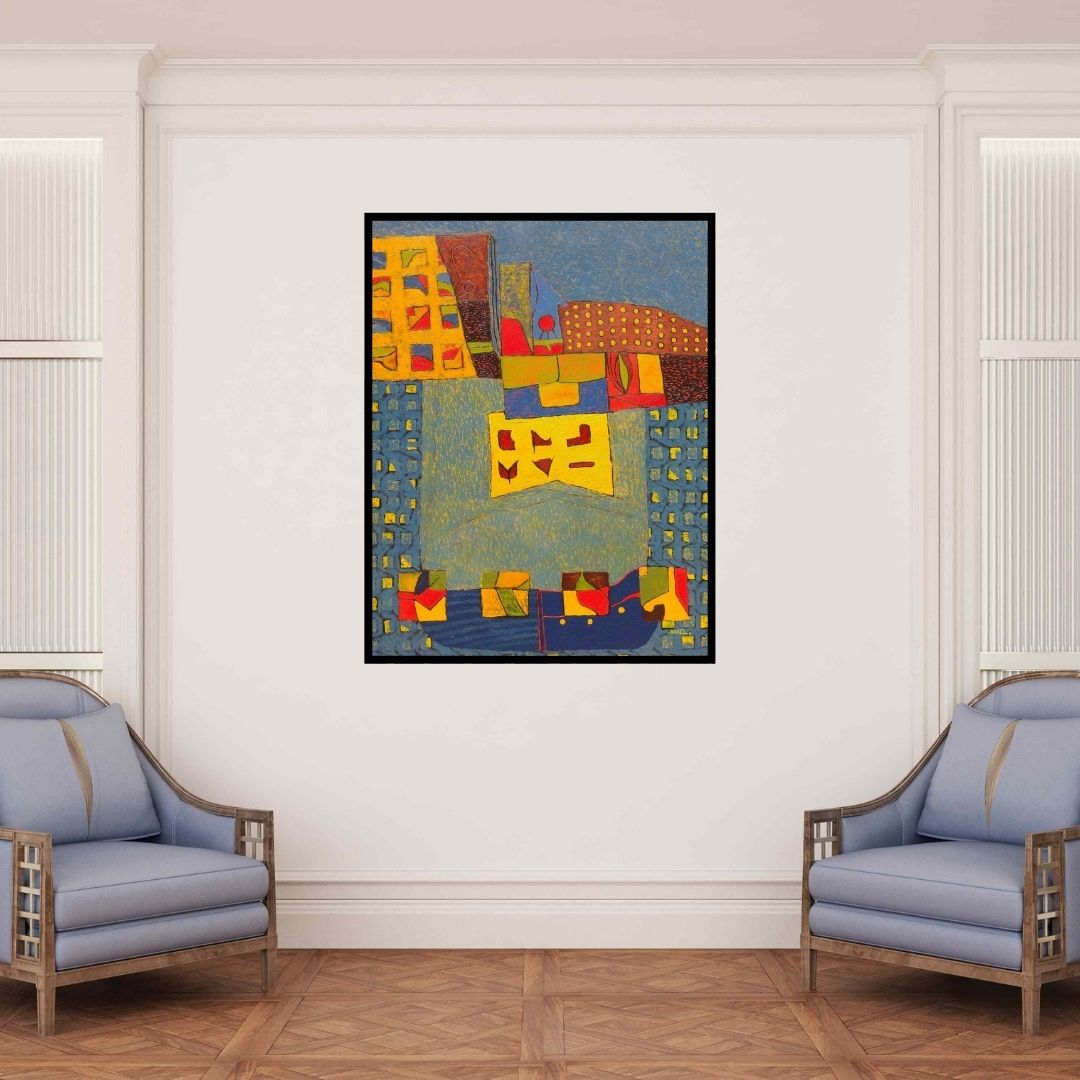 In-situ view of Sunil Ningule's 'Untitled 4 (Urban Tapestry)' painting in a room