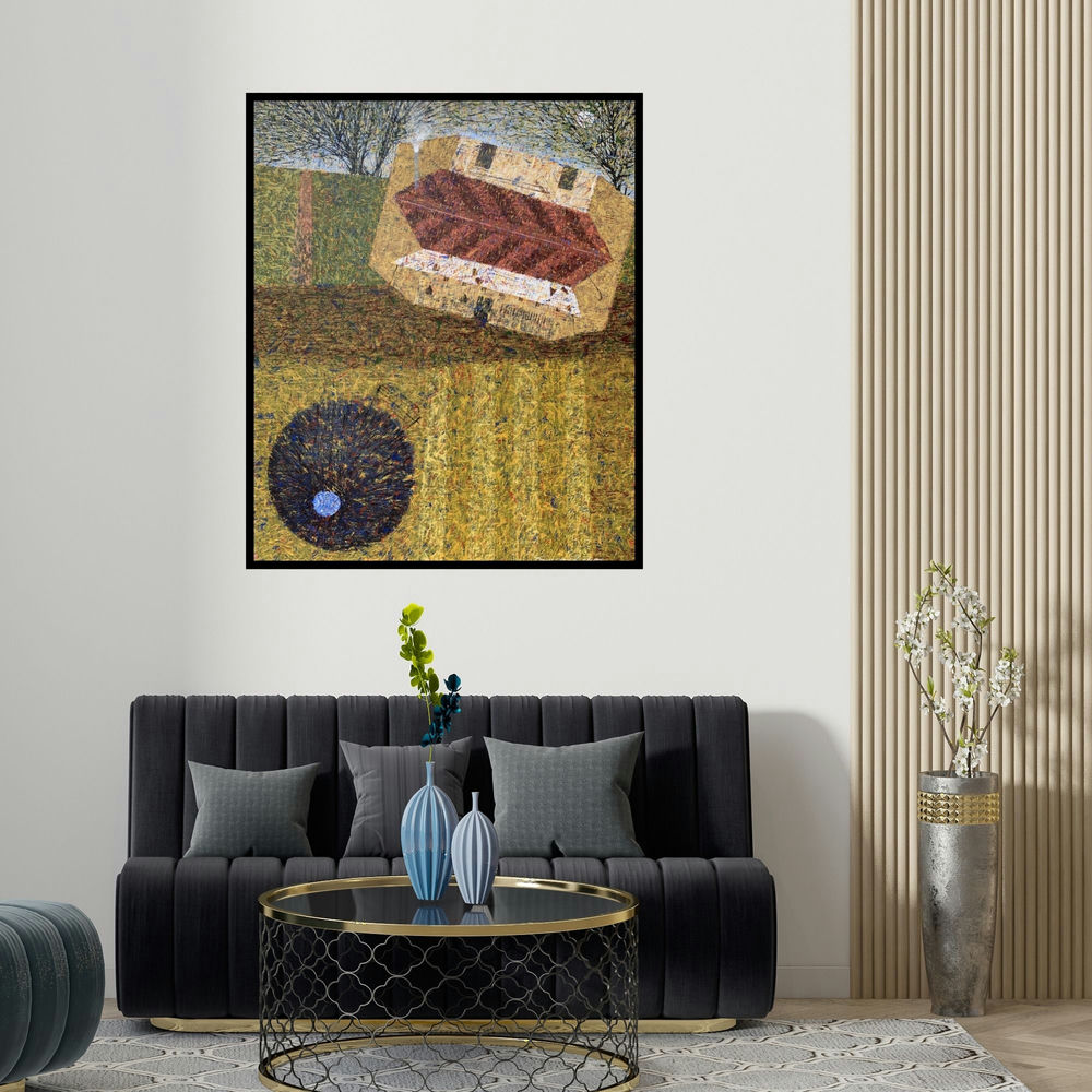 'Untitled 4' painting by Suraj Lohar shown on a wall in a furnished room.