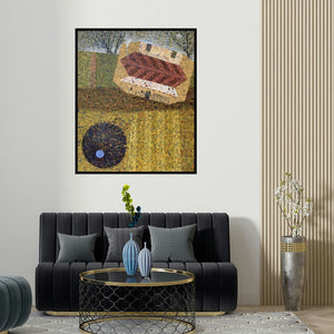 'Untitled 4' painting by Suraj Lohar shown on a wall in a furnished room.