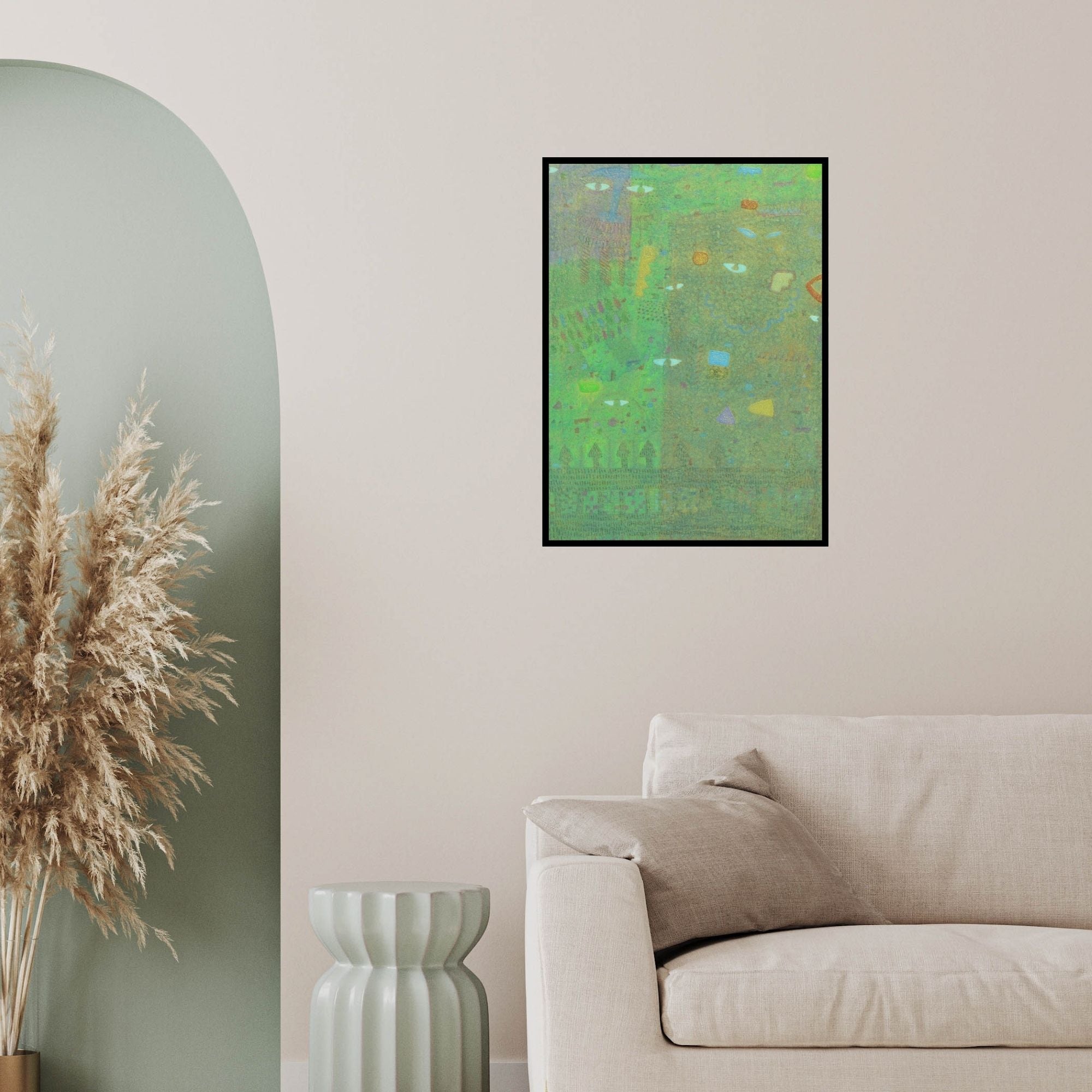 In-situ view of Yashvant Singh's 'Untitled 4 (Green Abstract with Eyes)' painting in a room