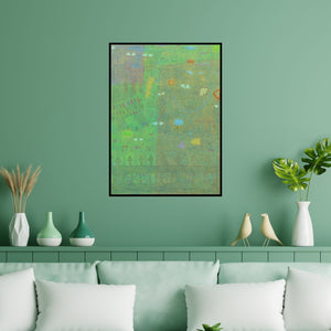 Preview of 'Untitled 4 (Green Abstract with Eyes)' Painting by Yashvant Singh shown on a wall in a furnished room.
