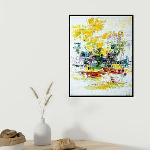 Kamran Azim's 'Untitled 4 (Abstract in Yellow and White)' painting visualized above a sofa in a contemporary room.