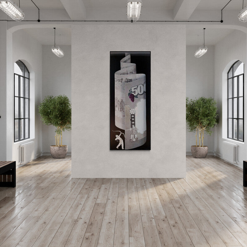 In-situ view of Thirumala Thirupathi's 'Untitled (The Archer's Aim)' painting in a room