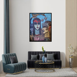 Preview of 'Untitled (Mystical Encounters)' Painting by Krishna Ashok shown on a wall in a furnished room.