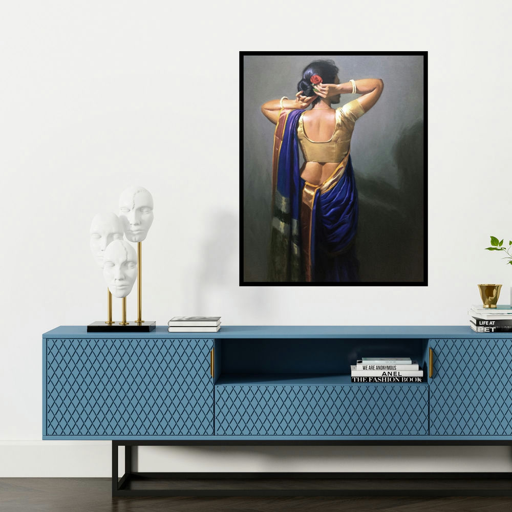 'Untitled (Maharashtran Woman in Saree)' painting by Mahesh Soundatte shown on a wall in a furnished room.