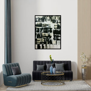 Preview of 'Untitled 42 (Concrete Jungle)' Painting by Vipta Kapadia shown on a wall in a furnished room.