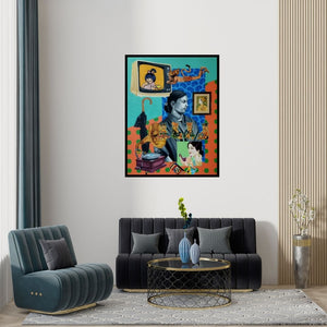 Preview of 'Untitled (Cosmic Tapestry)' Painting by Shrikant Ranga shown on a wall in a furnished room.