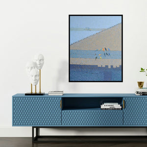 'Untitled (Birds on a Wall)' painting by Mansing Jadhav shown on a wall in a furnished room.