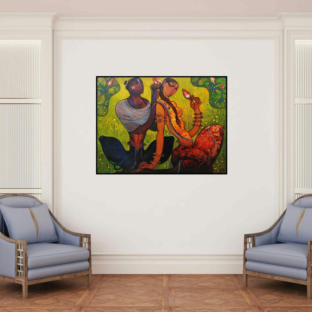 'Untitled (Divine Lovers)' painting by Ramesh Gujar shown on a wall in a furnished room.