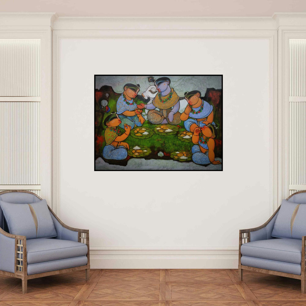 'Untitled (Krishna Feeding the Gopis)' painting by Ramesh Gujar shown on a wall in a furnished room.